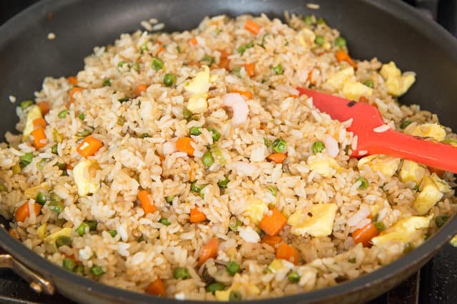 Homemade Fried Rice - In a Nonstick Skillet with Shrimp, Egg, Carrots, and Peas