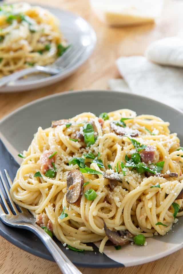 Spaghetti Carbonara - Served on Grey Plate with Fork 