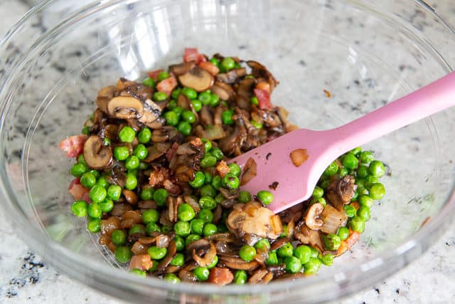 Mushrooms, Pancetta, Peas, and Onion in Glass Bowl