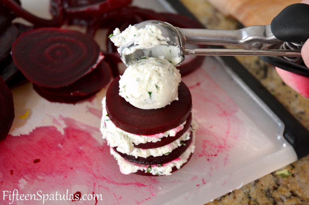 Using Cookie Scoop to Portion Goat Cheese Filling on Beets