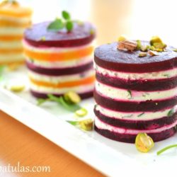 Beet and Goat Cheese Napoleons on White Dish