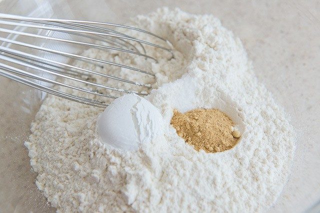 Flour, Leavener, and Spices in a bowl with Whisk