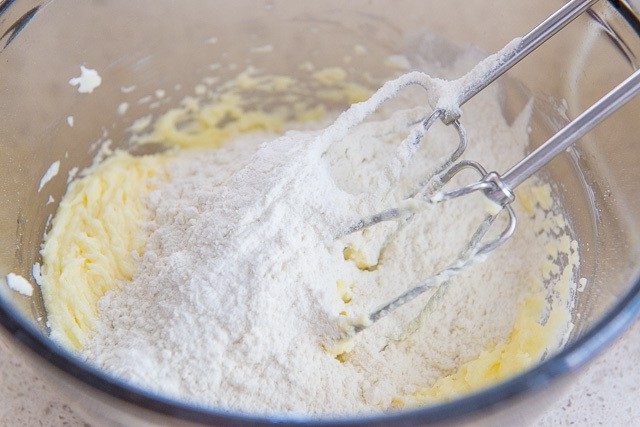 Creamed Butter and Sugar in Bowl with Dry Ingredients Added