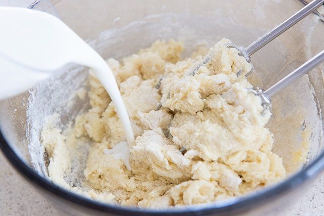 Pouring Buttermilk Into buckle Cake Batter