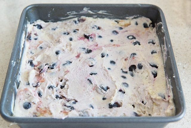 Blueberry Buckle Coffee Cake Batter Spread Into 8x8 Pan