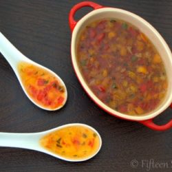 Hot Tricolor Pepper Jelly in Spoons and Dish