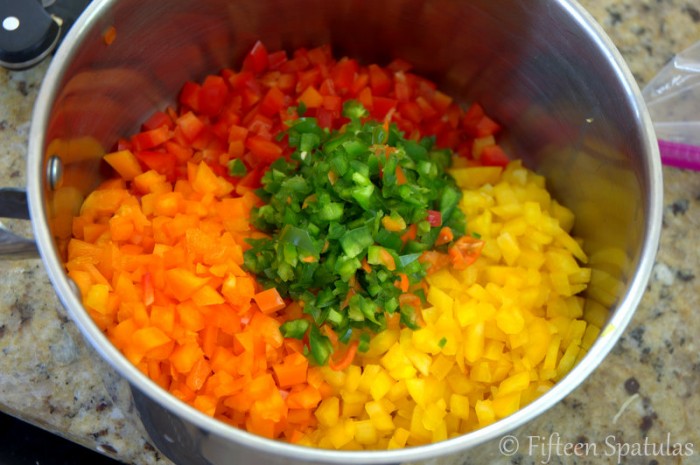 Colorful Chopped Bell Peppers and Jalapenos in Saucepan
