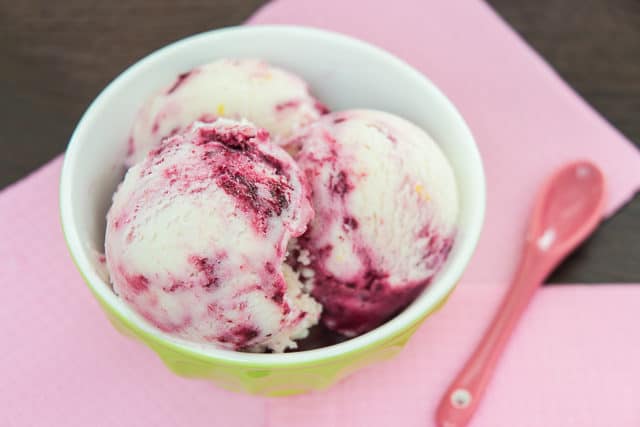 Homemade Frozen Yogurt - Scooped Into Bowl with Raspberry Swirl