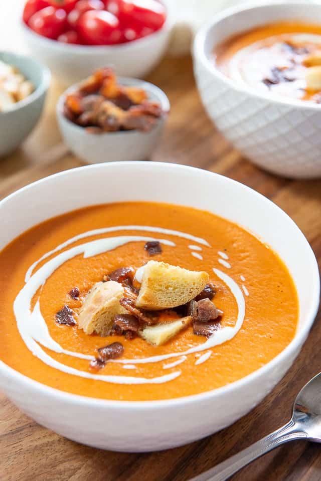 Tomato Bisque - In White bowl with Crouton Garnish