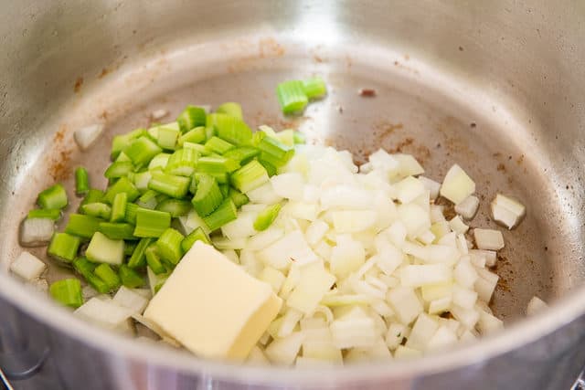 Butter, Onion, and Celery Added to Soup Pot