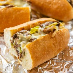 Philly Cheesesteak Sandwich On Foil with Peppers and Onions