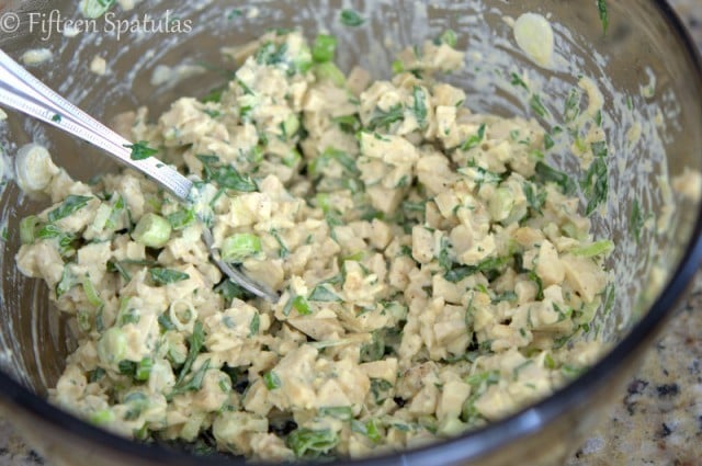 Green Curry Chicken Salad with Coconut Milk in Mixing Bowl