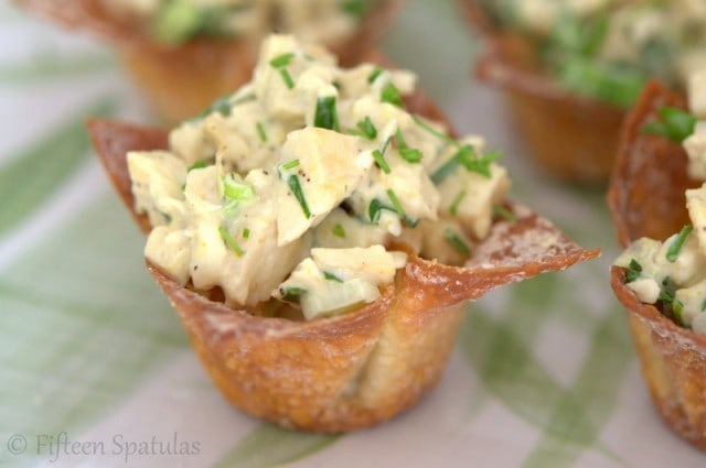 Green Curry Chicken Salad with Chives Stuffed in Wonton Cups on White Dish