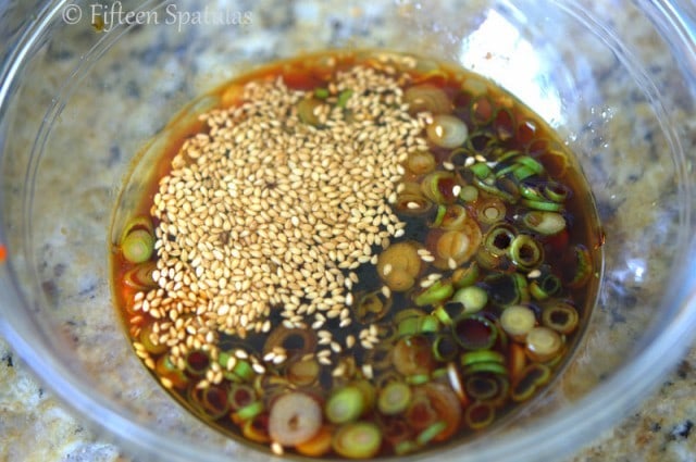 Soy Sauce, Scallions, Sesame Seeds, and Sesame Oil in Glass Bowl
