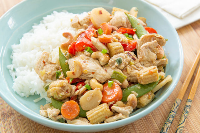 Stir Fry Chicken and Vegetables - Served in a Bowl with Steamed White Rice