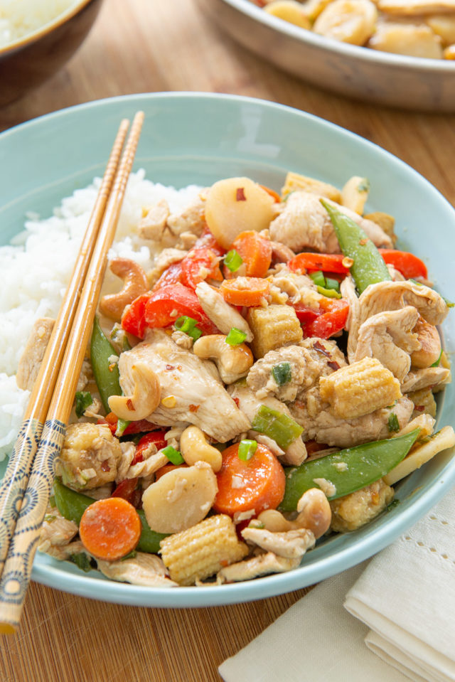 Chicken Stir Fry - Served with Steamed White Rice and Chopsticks