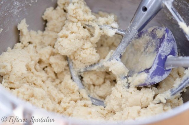 shortbread crumbly dough in mixing bowl