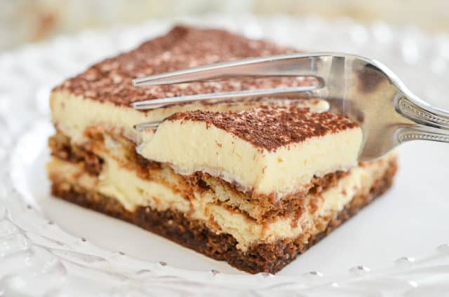 Tiramisu Recipe - Made with Fresh Mascarpone Cheese, Ladyfingers, Espresso, and Cocoa, and presented here in a square piece