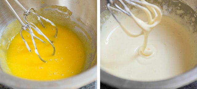 Whipped Egg Yolks For Tiramisu Filling, first shown bright yellow, next shown creamy and light