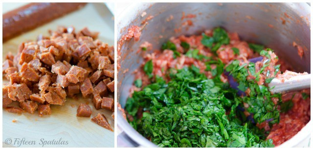 Photo Collage of Herbs in Sauce and Chopped Pepperoni