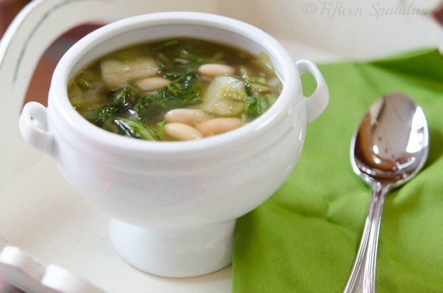 Escarole Soup - With White Beans and Onion in Footed White bowl