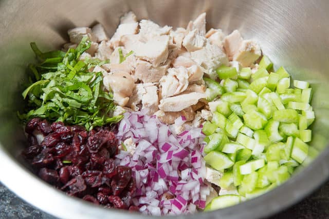 Chicken Breast, Celery, Basil, Cranberries, and Red Onion in Mixing Bowl