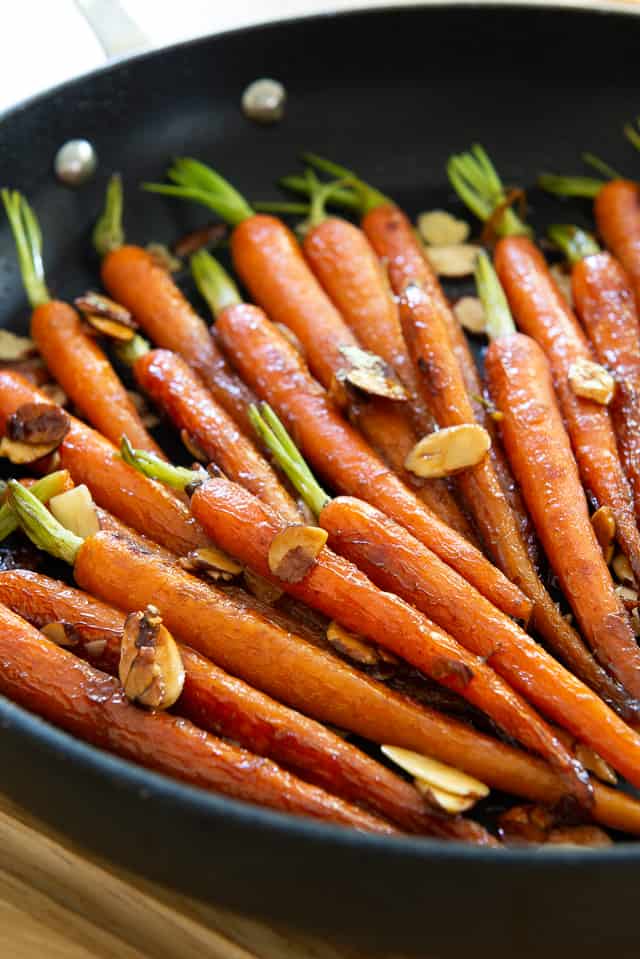 Maple Glazed Carrots - Shown here Cooked in a Nonstick Skillet with Crunchy Sliced Almonds Sprinkled on Top