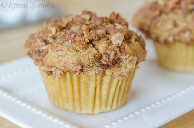 Oat Muffins On White Platter with Crumb Topping