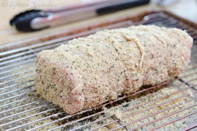 boneless pork loin coated with rosemary bread crumbs on Wire Rack