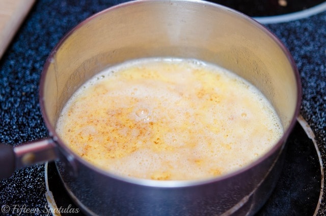 brown butter milk liquid ingredients in saucepan
