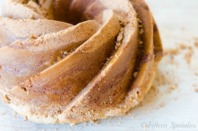 Cinnamon Streusel Bundt Cake - Shown Whole on Wooden Cutting Board
