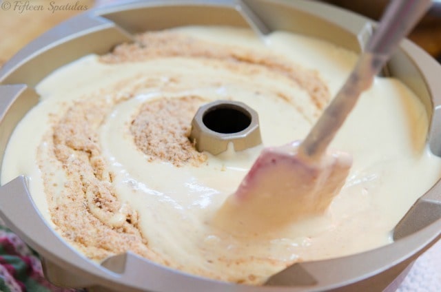 Swirling Coffee Cake Batter with Crumb Topping Using Spatula