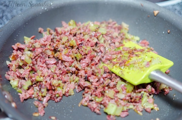 crispy minced pastrami for the ragu in a skillet