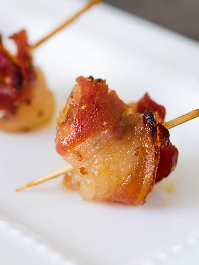 Bacon Wrapped Water Chestnuts - On White Platter