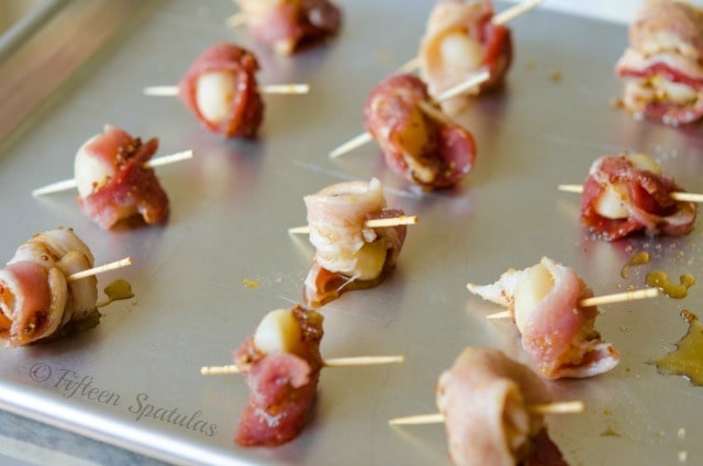 Water Chestnuts and Bacon on Toothpicks on Sheet Pan