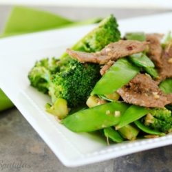 Beef Broccoli Snow Pea Stir Fry in White bowl