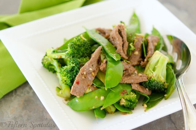 Stir Fry Snow Peas, Beef, and Broccoli in White Dish