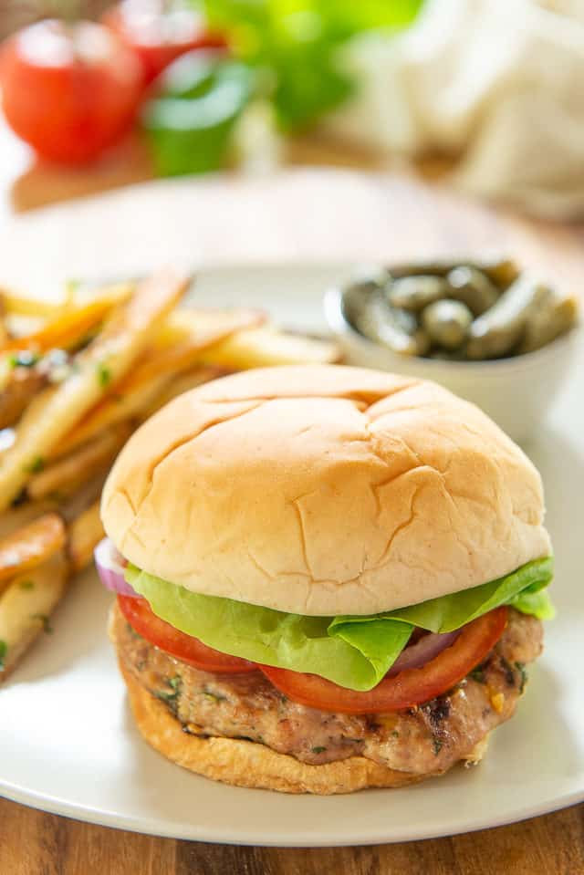 Turkey Burgers - with Feta and Basil with Garlic Fries on Side