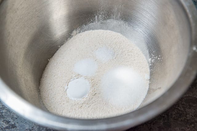 Whole Wheat Flour in Bowl with Sugar, Leavening, and Salt