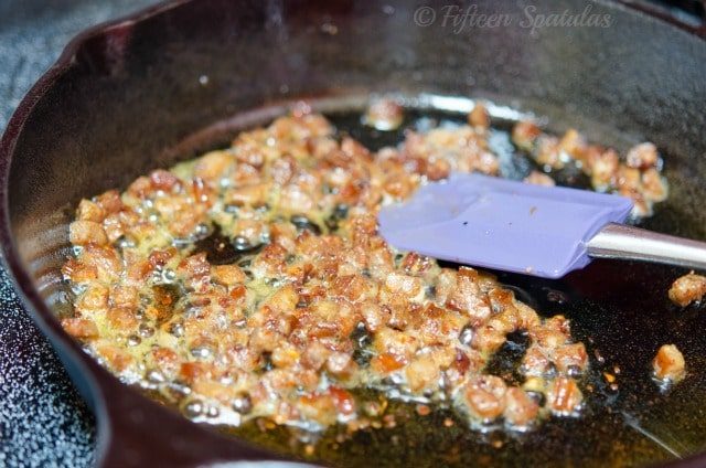 Fried Andouille Sausage in Cast Iron Skillet
