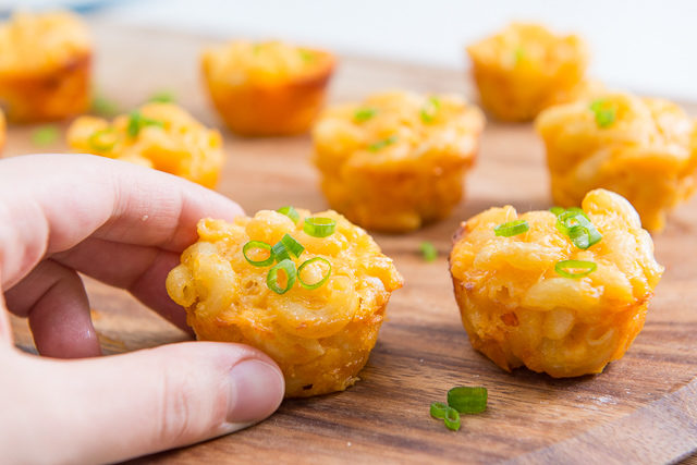 Mac and Cheese Bites - On Wooden board with Scallions