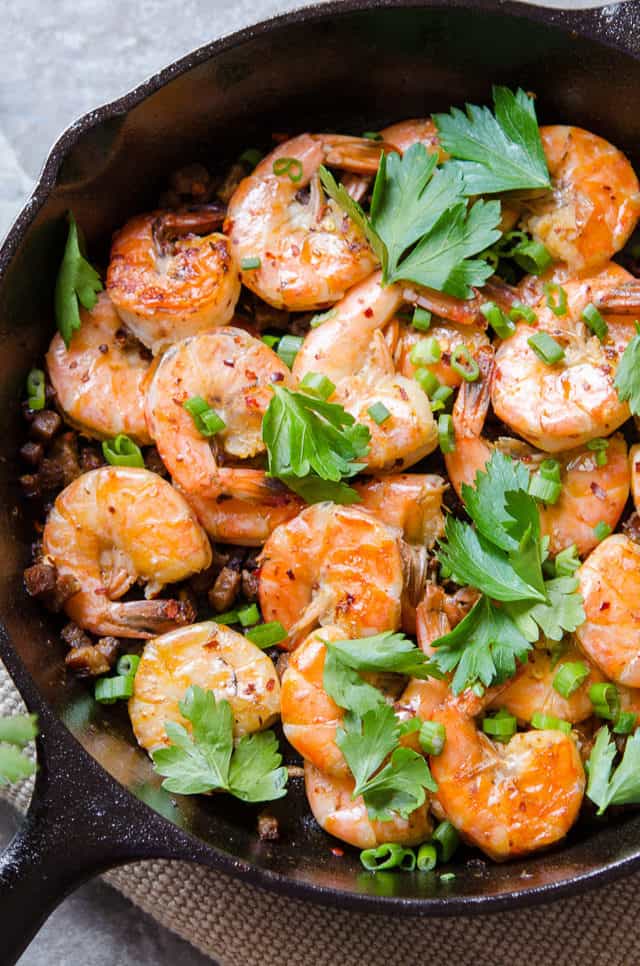 Peel and Eat Shrimp - In Cast Iron Skillet with Scallions and Parsley On Top