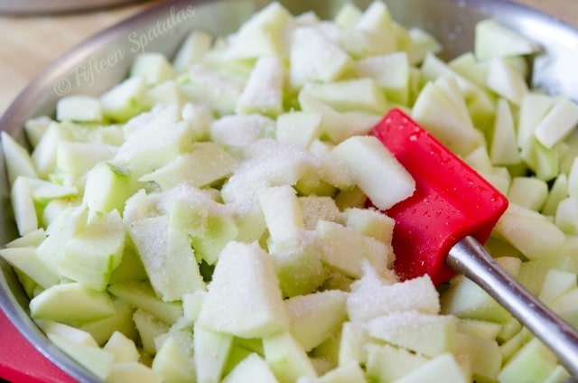 Chopped Green Apples Sprinkled with Sugar in Bowl