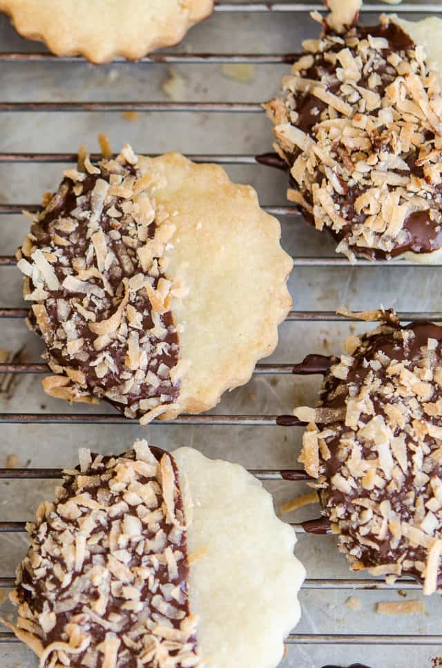 Coconut Shortbread Cookies - On a Wire Rack with Chocolate Half Dip