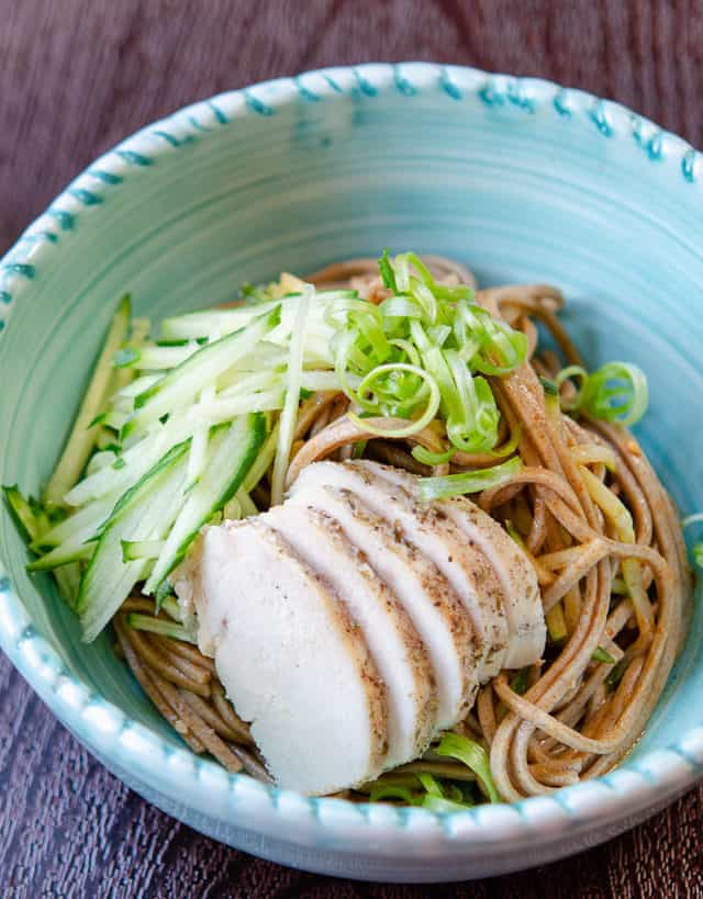 Soba Noodles - In Blue Bowl with Sesame Dressing, Cucumbers, and Scallions