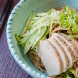 Soba Noodles In Blue Bowl with Sesame Dressing, Cucumbers, and Scallions