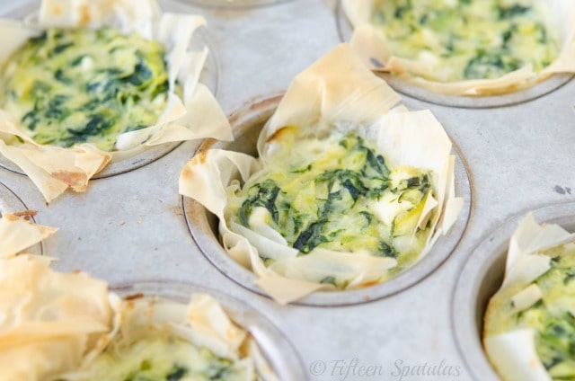 Spinach Phyllo Cups - Shown in Muffin Wells with Zucchini and Feta Inside