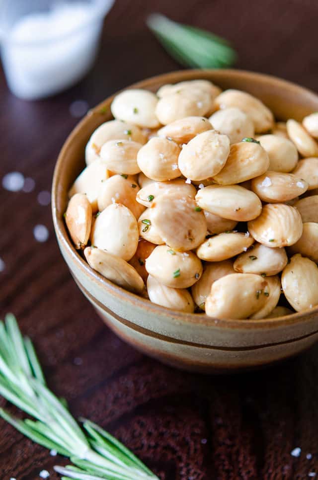 Marcona Almonds - Fried in Olive Oil and Rosemary and Served in Brown Bowl
