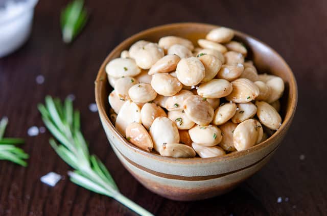 Spanish Almonds with Rosemary and Olive Oil in Brown Bowl