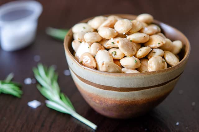Rosemary Marcona Almonds with Sea Salt in Brown Bowl